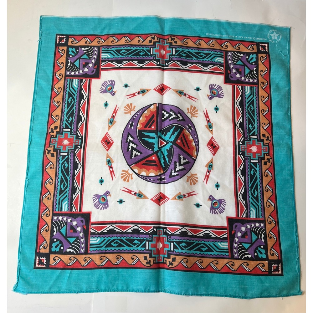 Vintage Wamcraft Bandana Southwestern Thunderbird Geometric Turquoise USA Made